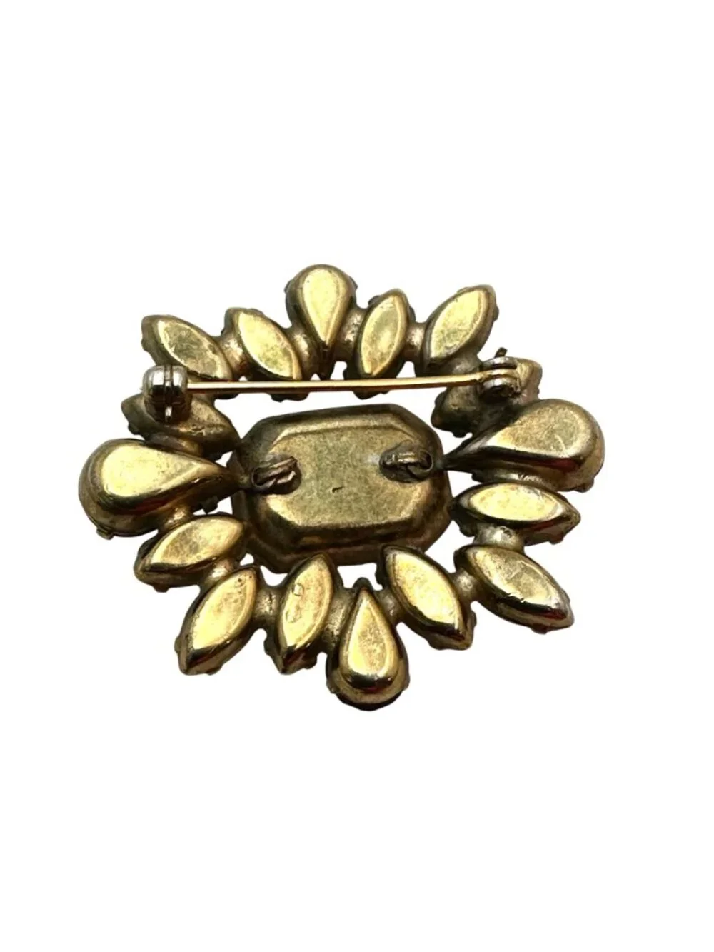 Vintage Unsigned Schreiner New York Brooch Pin Amber Glass Rhinestone